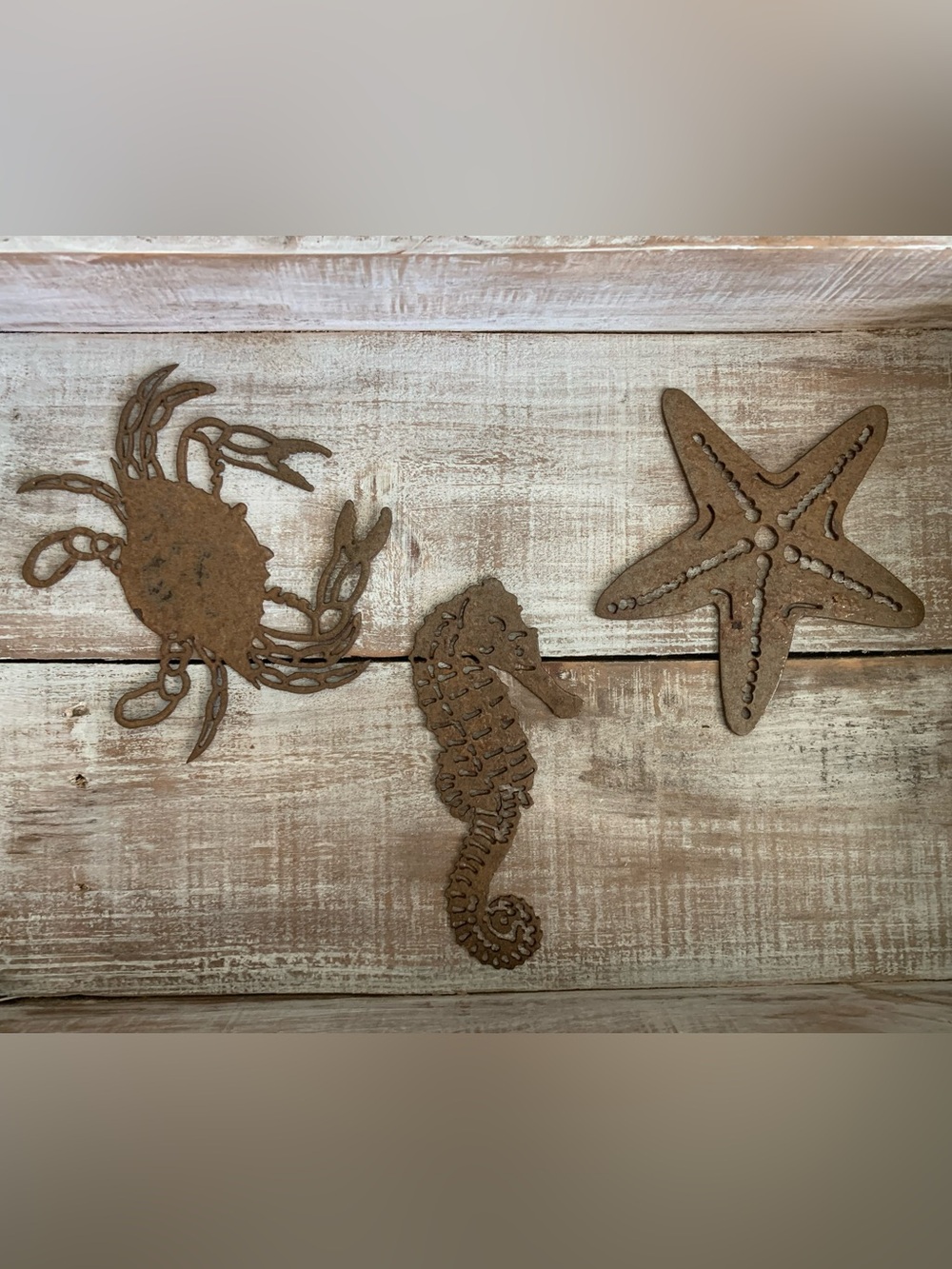 Rustic Coastal Metal Wall Art Set Crab Seahorse Starfish Beach Nautical Decor